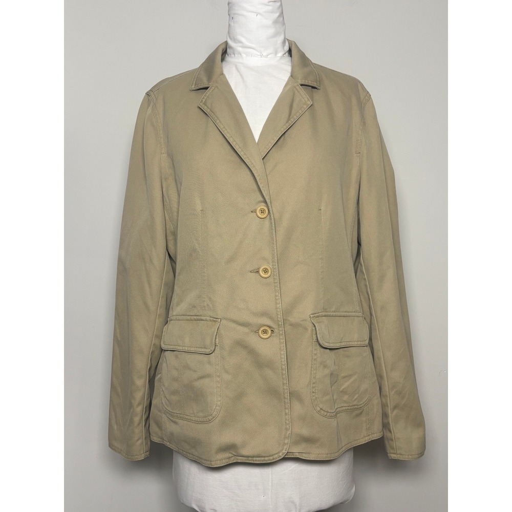 LL Bean Womens Khaki Cotton Twill Plaid Lined‎ Field Blazer Jacket